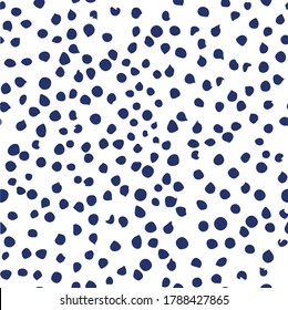 Seamless repeat pattern, blue dots, acrylic paint, irregular size and shapes, transparent background. For texture, overlay, montage or brushes. Abstract vector illustration. Easy to recolor.