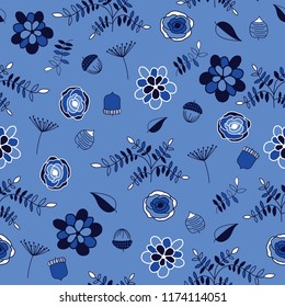 Seamless repeat pattern with blue flowers, acorns leaves and foliage. Perfect for fabric, paper producs, fashion, home decor and more.