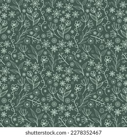 Seamless repeat pattern. Boho inspired small scale flowers and foliage in green and sage.