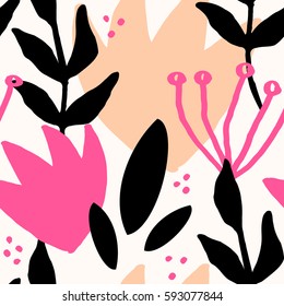 Seamless repeat pattern with botanical elements in fuchsia pink, light orange, black and cream. Modern and original textile, wrapping paper, wall art design.