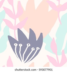 Seamless repeat pattern with botanical elements in pastel pink, light blue, lavender and cream. Modern and original textile, wrapping paper, wall art design.