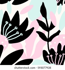 Seamless repeat pattern with botanical elements in pastel pink, light blue, black and cream. Modern and original textile, wrapping paper, wall art design.