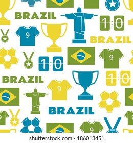 Seamless repeat pattern with Brazilian football symbols in green, blue and yellow.