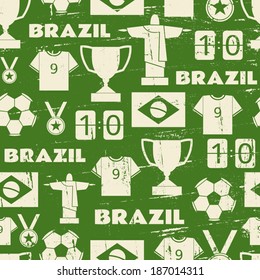 Seamless repeat pattern with Brazilian football symbols.