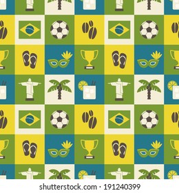 Seamless repeat pattern with Brazilian symbols in yellow, green and blue.