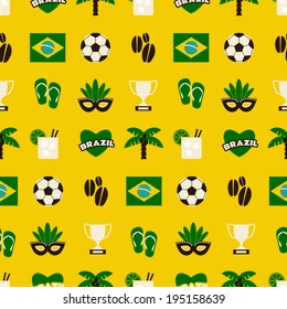 Seamless repeat pattern with Brazilian symbols in yellow, green and brown.