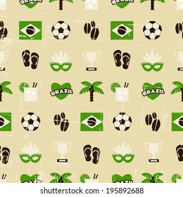 Seamless repeat pattern with Brazilian symbols in yellow, green and brown.