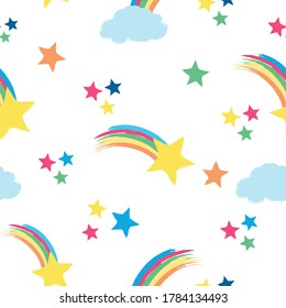 Seamless repeat pattern in bright neon colors with shooting stars, rainbows and clouds on a white background