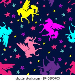 Seamless repeat pattern with bright winged unicorns pegacorns . Kids background for textile, fashion, wrapping paper and more