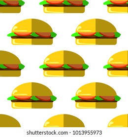 Seamless repeat pattern with Burger on white background, vector illustration. Modern and original textile, wrapping paper, wall art design.