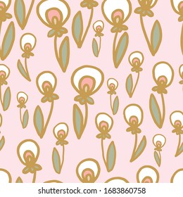 Seamless repeat pattern of cartoon drawing flowers buds blooming. A cute floral decorative design for baby, nursery, kids, girls and pastel color palette related projects.