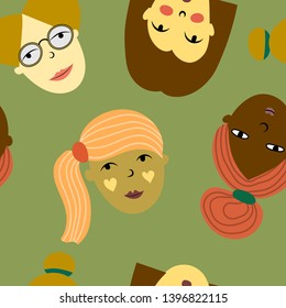 Seamless repeat pattern with cartoon portraits of young women. Cute female faces. Vector design for childrens textiles, wallpapers, designer paper.