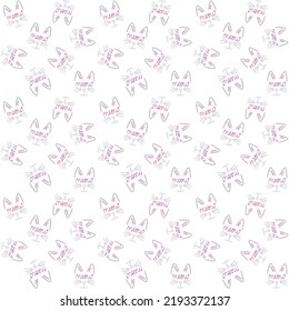 Seamless repeat pattern of cat outline with whiskers and handwritten text meow in pink and grey colors