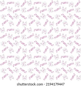 Seamless repeat pattern of cat outline with whiskers and handwritten text meow in pink and grey colors