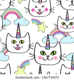 Seamless repeat pattern with caticorn, happy cat unicorn and rainbow clouds in pastel colors