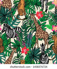 Seamless repeat pattern with cheetah or leopard, giraffe and zebra in tropical jungle leaves and flowers