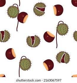 Seamless repeat pattern with chestnut fruits.Whole nut and fruit in open skin.Colorful organic background and texture for printing on fabric and paper.Vector hand drawn isolated illustration.