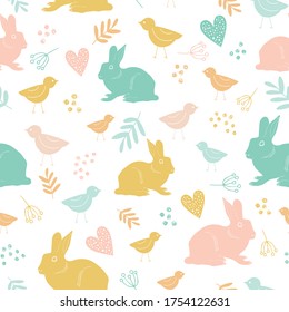 Patrón de repetición sin foco con pollo y conejillos. Perfecto para decoraciones de Semana Santa, diseños textiles y envolturas.