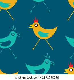 Seamless repeat pattern of chickens on a blue background