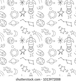 Seamless repeat pattern children's space rocket, space, planets, stars on white background, vector illustration. Modern and original textile, wrapping paper, wall art design.