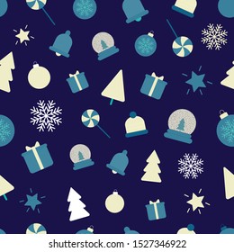 Seamless repeat pattern with Christmas elements as tree, star, present. candy. snowflakes for wrapping paper.