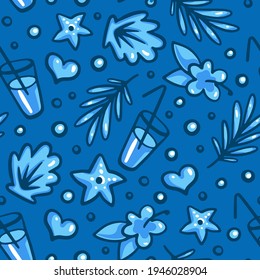 Seamless repeat pattern with cocktails, starfish, tropical leaves, flowers, hearts and bubbles. Cute texture for fabric, wrapping, print, web, banner. Hand drawn vector illustration in cobalt color.