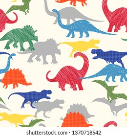 Seamless repeat pattern with colorful dinosaur silhouettes and different textures