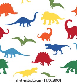 Seamless repeat pattern with colorful dinosaur silhouettes  svg