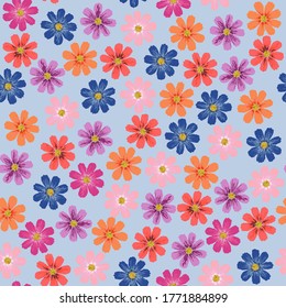 Patrón de repetición sin inconvenientes con flores coloridas sobre fondo azul pastel. Tela dibujada a mano, envoltura de regalo, diseño de arte mural