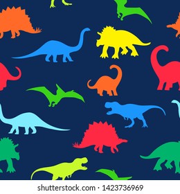 Seamless repeat pattern with colorful neon dinosaur silhouettes on a navy blue background svg