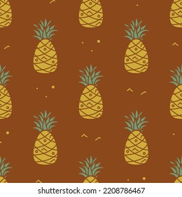 Seamless repeat pattern with colorful pineapples on terracotta background. Vector flat illustration in doodle style