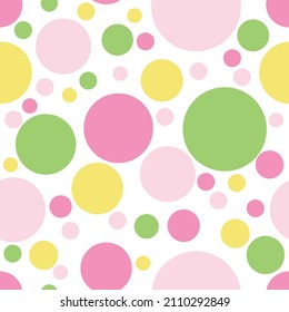 Seamless repeat pattern, colorful polka dots. Pink, green and yellow round shapes, circles. Playful design with spring and summer feeling. Isolated on white background. Vector illustration, eps 10.