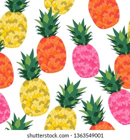 Seamless repeat pattern with colorful yellow, orange and pink pineapples tossed