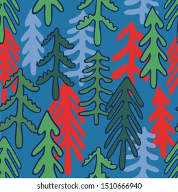 Seamless repeat pattern with coniferous tree silhouettes and shadows - winter blue, green and red forest fir and pine trees