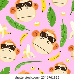 Seamless repeat pattern with cool faces of monkeys and bananas. Cartoon vector background.