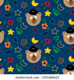 seamless repeat pattern with cute bears, flowers, moons and stars