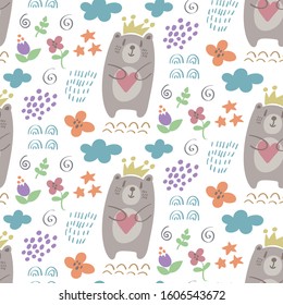 seamless repeat pattern with cute bears, stars, clouds and flowers