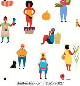 Seamless repeat pattern with cute beautiful women gathering fruits and vegetables. Hand drawn vector illustration. Flat style design. Concept autumn harvest, textile print, wallpaper, wrapping paper.