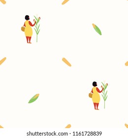 Seamless repeat pattern with cute beautiful woman picking corn. Hand drawn vector illustration. Flat style design. Concept for autumn harvest, textile print, wallpaper, wrapping paper.