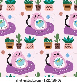 seamless repeat pattern with cute cats, fishes and plants