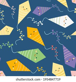 Seamless repeat pattern with cute kites flying sky. Vector background in flat style.