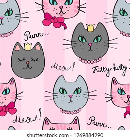 Seamless repeat pattern with cute kitty cat princess girl faces and words on pink stripe. Y2K retro vibes