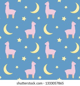 Seamless repeat pattern with cute pink fluffy llamas on blue background with stars and crescent moon. Textile design for children.