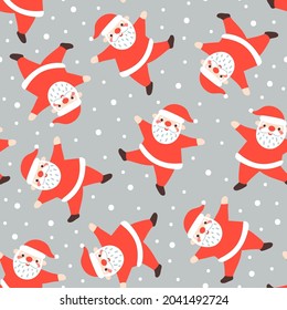 Seamless repeat pattern with cute Santa Claus and snowflakes. Vector illustration in flat style. Cartoon character.