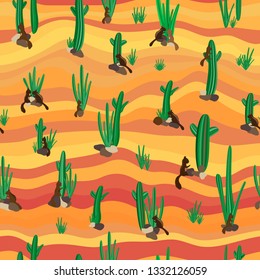 Seamless repeat pattern with cute squirrel, cactus, plant and rocks in a colorful, wavy, desert background with shades of red, orange and yellow. In a flat cartoon style. Fun, childish, vector design.