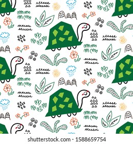 seamless repeat pattern with cute turtles, plants and flowers