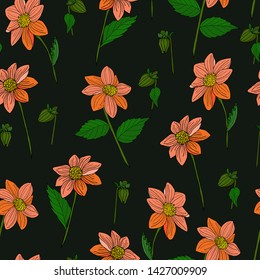 Seamless repeat pattern with dahlia flowers and leaves. Hand drawn fabric, gift wrap, wall art design, cover, wrapping paper.