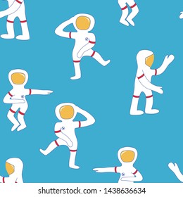 Seamless repeat pattern of dancing astronauts with suit and helmet in white, yellow, red. Isolated at soft, light blue background. Print in flat cartoon style for kids. Limited color palette. Vector.