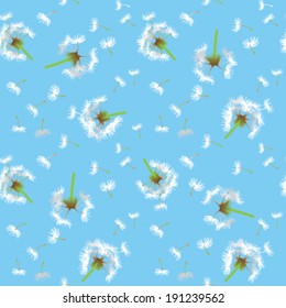 Seamless repeat pattern of dandelion seeds blowing in the wind. Vector illustration. 