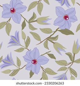 A seamless repeat pattern design featuring the purple Clematis Ramona blossom with deep alizarin crimson anthers on a gray background.